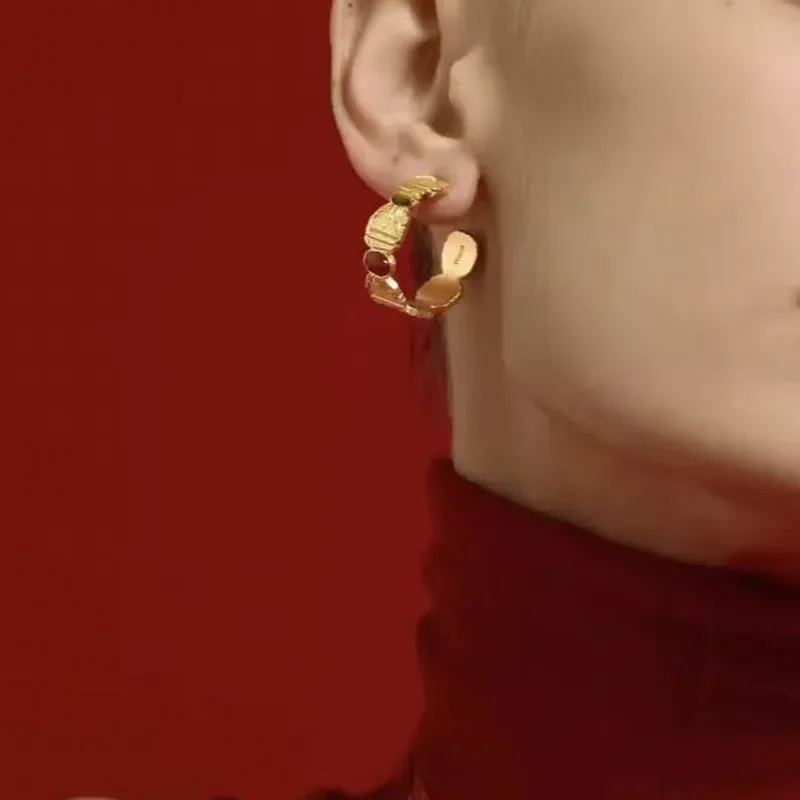 25 New Embossed Textured Earrings Women's Gold and Silver Two-Color Niche Premium Earrings Stone Splicing Retro Stud Earrings