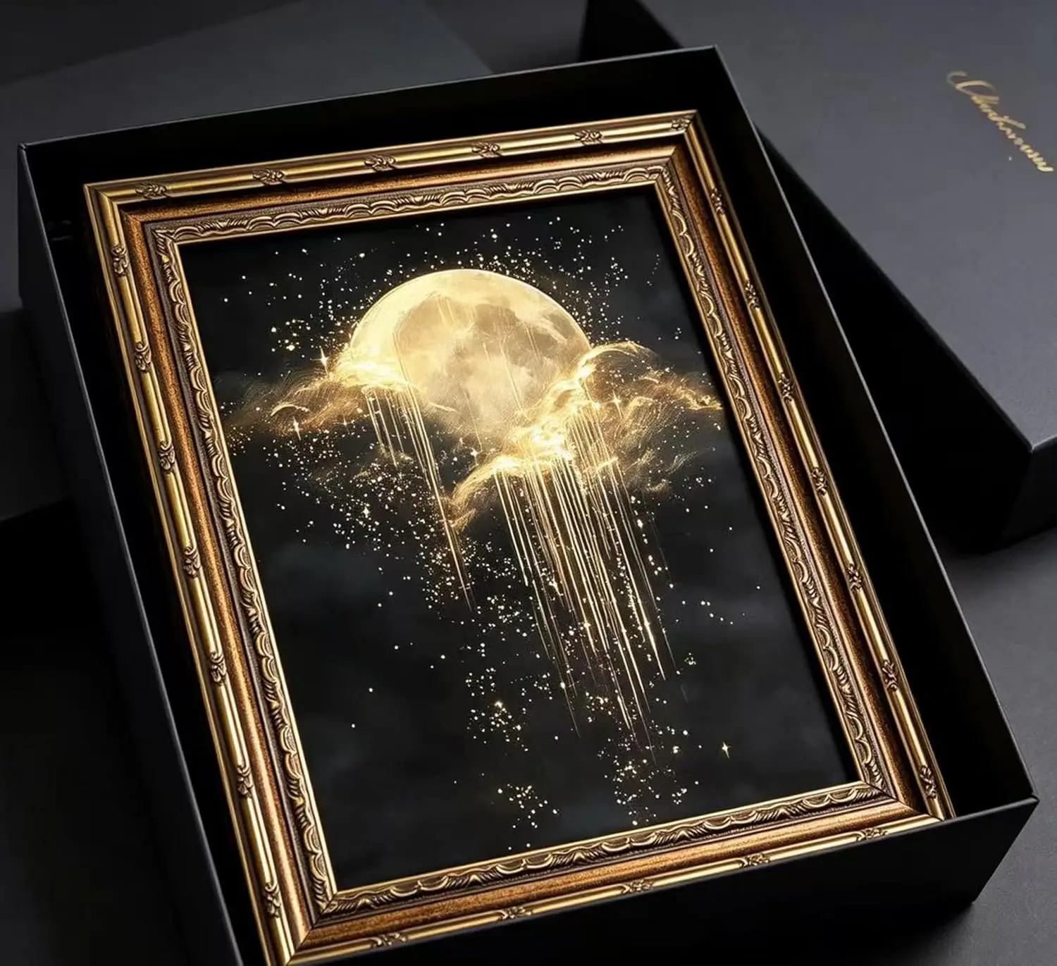 Antique Framed Celestial Canvas Wall Art Golden Moon Starry Sky Canvas Painting Retro Dark Home Bedroom Wall Decoration - view 5