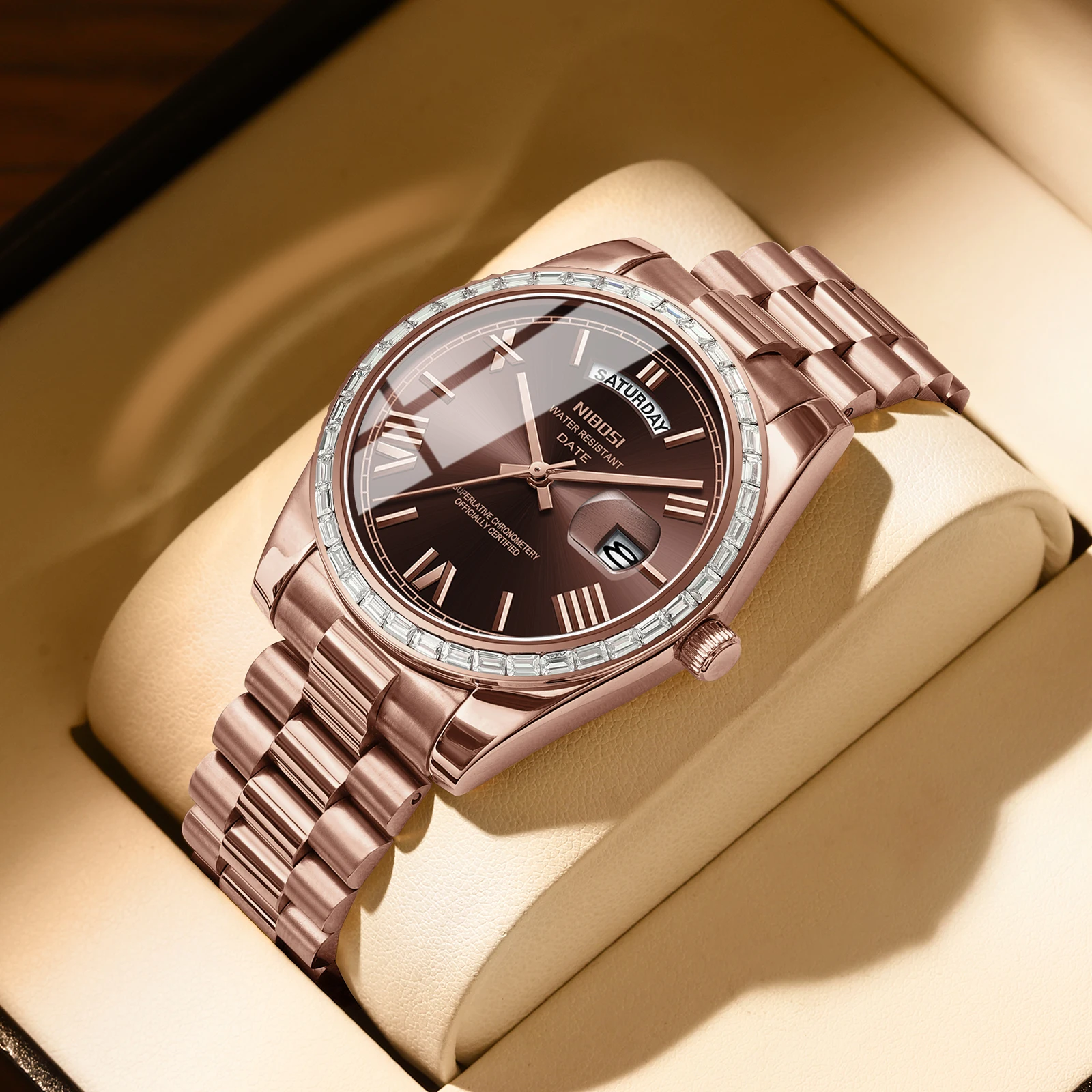 

NIBOSI Diamond Men Watches Top Brand Luxury Wristwatch Day Date Miyota Quartz Watch Men Waterproof Steel Male Clock Reloj Hombre