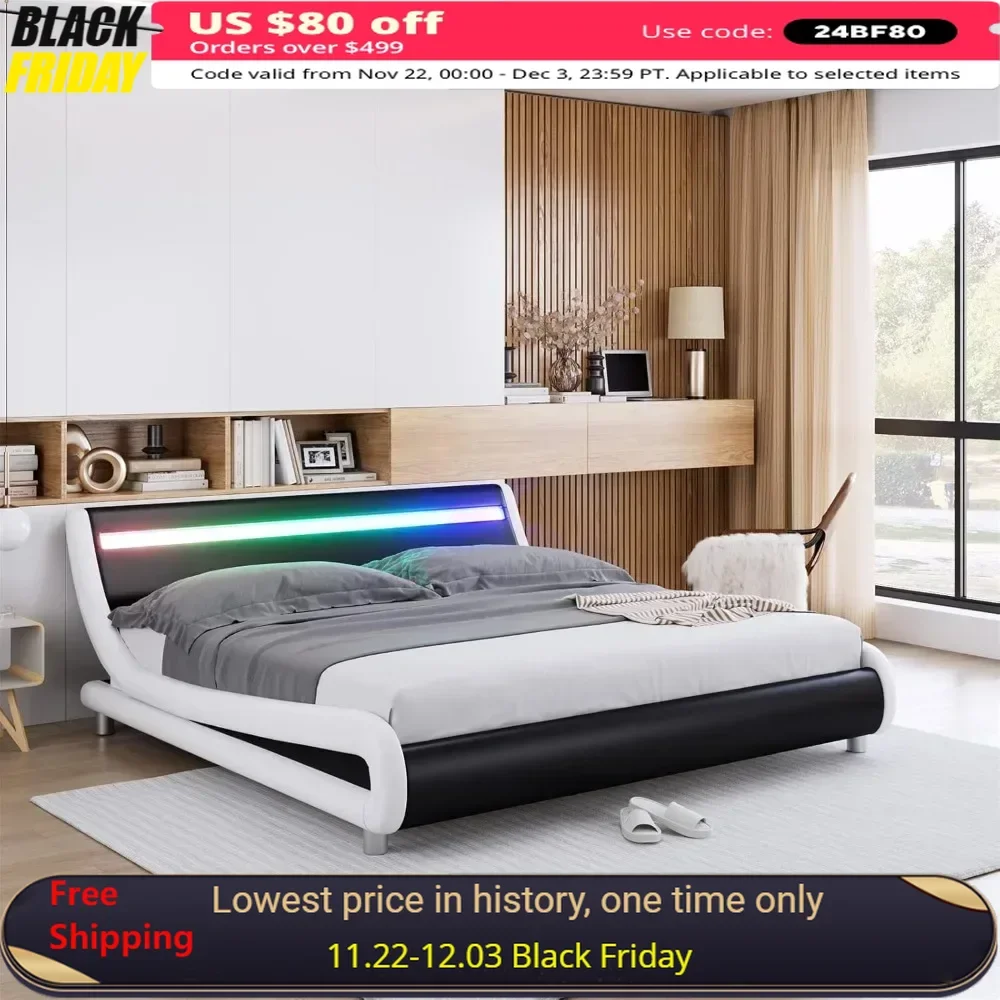 Queen Bed Frame with Headboard，Strong Slats Support, Faux Leather Wave-Like Bed Frame, No Box Spring Needed，LED Bed Frame