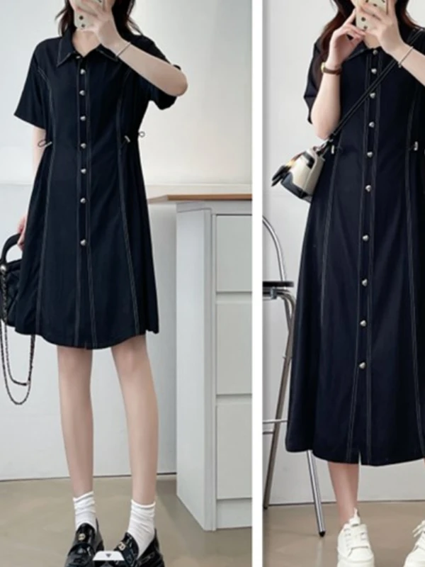 Fashionable Korean Style Short Sleeve Drawstring Waist Collar Midi Dress Summer Collection High Waist A-Line Skirt