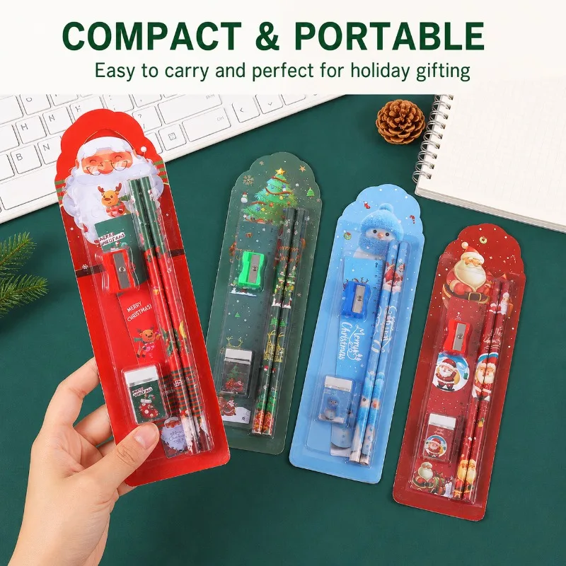 8/4 Sets of Randomly Assorted Styles of Christmas Stationery Sets, Including 4 Types of Holiday-Themed School Supplies Packs, Which Contain Pencils, Rulers, Sharpeners, and Erasers, Suitable for Christmas Party Gifts,