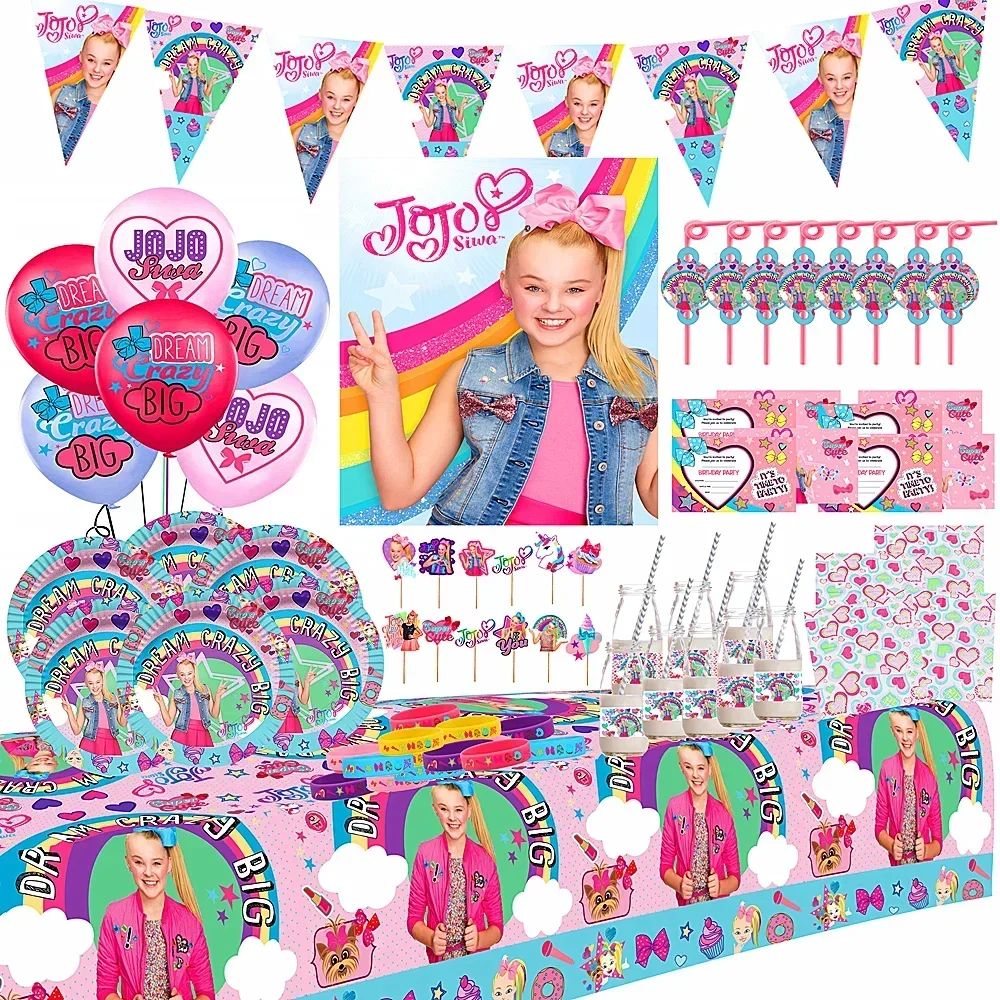 JOJO siwa Party supplies Favors set JOJO siwa Napkins Plates Tablecloth Cups Knives Forks Spoons Birthday Party Decoration Kids