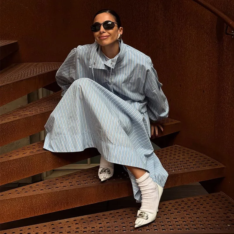 Chic Striped Women's Jacket Skirts Suit Stand Collar Drawstring A-Line Skirts Lady Set 2026 Summer Autumn 2 Pieces Set Women New