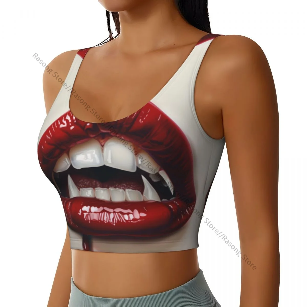 Yoga Vest Women Gym Sports Crop Tops Sexy Red Lips Female Mouth With Glossy Lips Streetwear Workout Breathable Tank Top Female