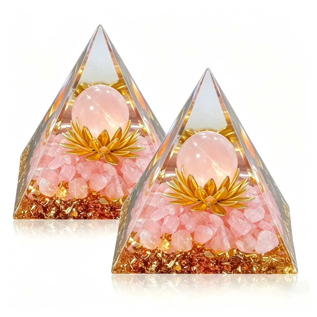 1pc Orgonite Pyramide, Clear Crystal Lotus Symbol Orgone Pyramid, Home Desktop Handmade Ornaments, Rose Quartz Orgone Pyramid