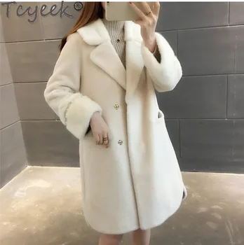Tcyek 100% 양모 재킷, 중간 길이 여성 모피 코트, 따뜻한 밍크 모피 칼라, 양털 시어링 코트, 겨울 패션