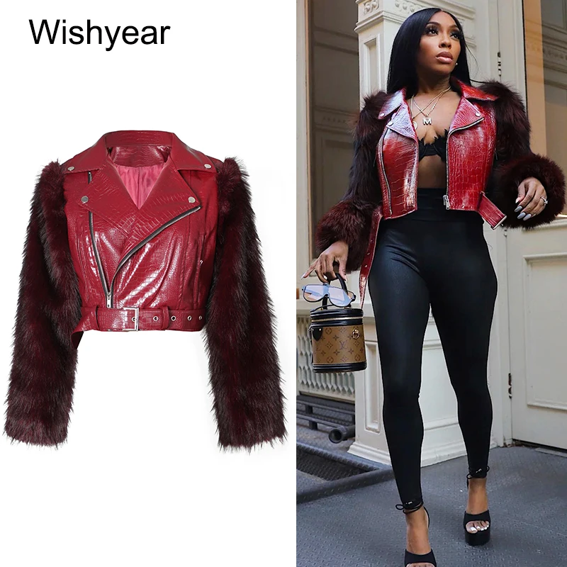 

Винтажные женские короткие куртки из искусственной кожи в стиле пэчворк с мехом лисы и длинными рукавами, сексуальная мотобайкерская куртка, зимние теплые уличные пальто y2k
