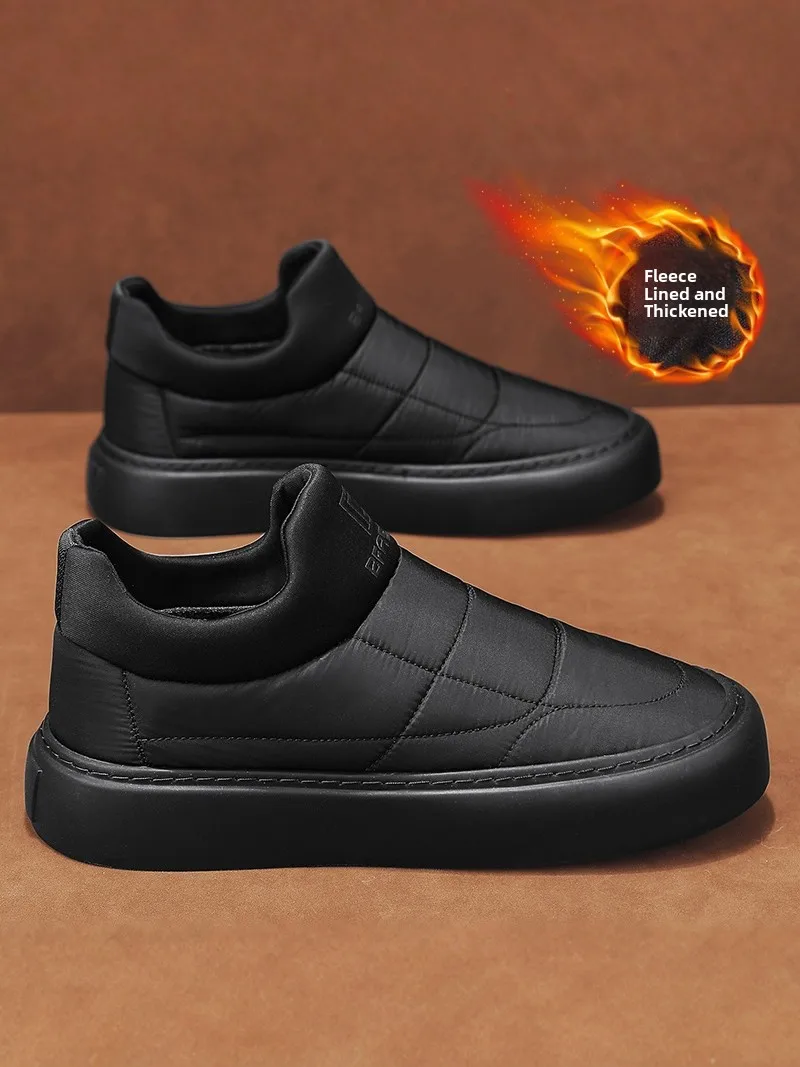 

Men's Winter Slip-On Fleece Lined Duck Boots Black Waterproof Work down Northeast Snow Boots Thickened Warm Casual Shoes