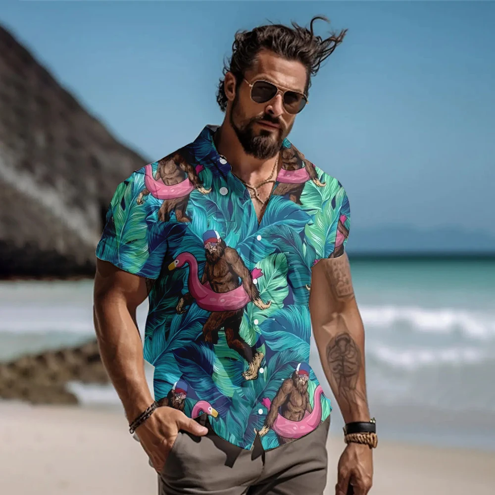 Funny Gorilla Flamingo 3D Print Shirts Men Summer Fashion Shirt Casual Vintage Streetwear Short Sleeve Shirt Blouse Man Clothing