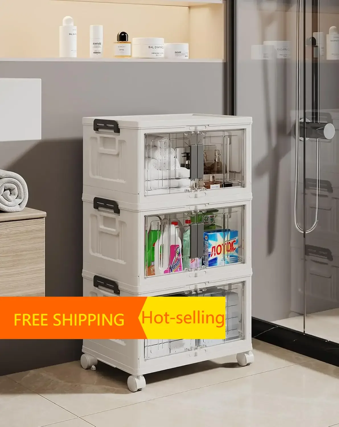 

Hot-selling23QT Stackable Storage Bins with Lids - Folding Storage Box with Doors and Wheels, Collapsible Plastic