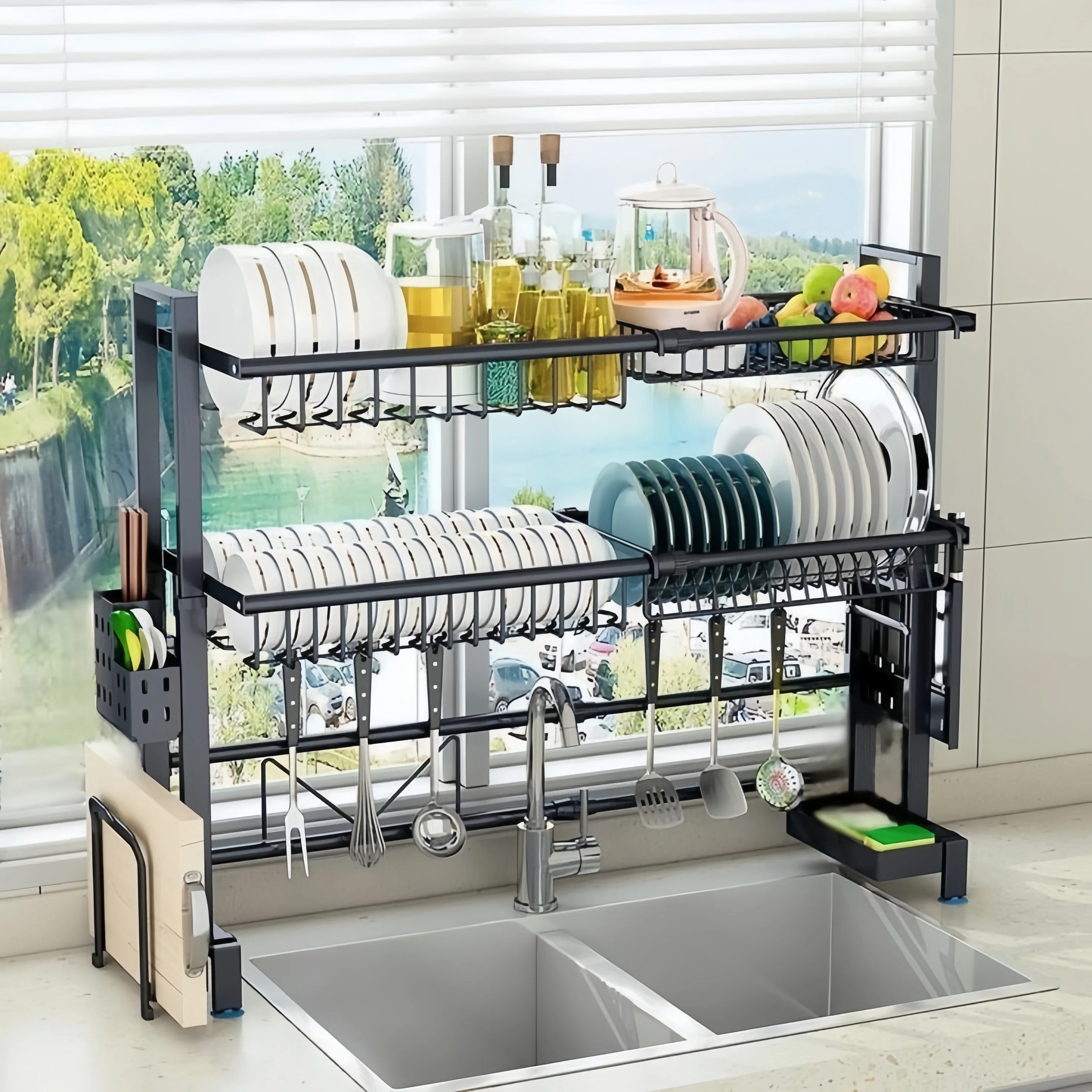 

1 expandable stainless steel sink and bowl rack, 2 adjustable stainless steel large sink and bowl racks, single-layer and double