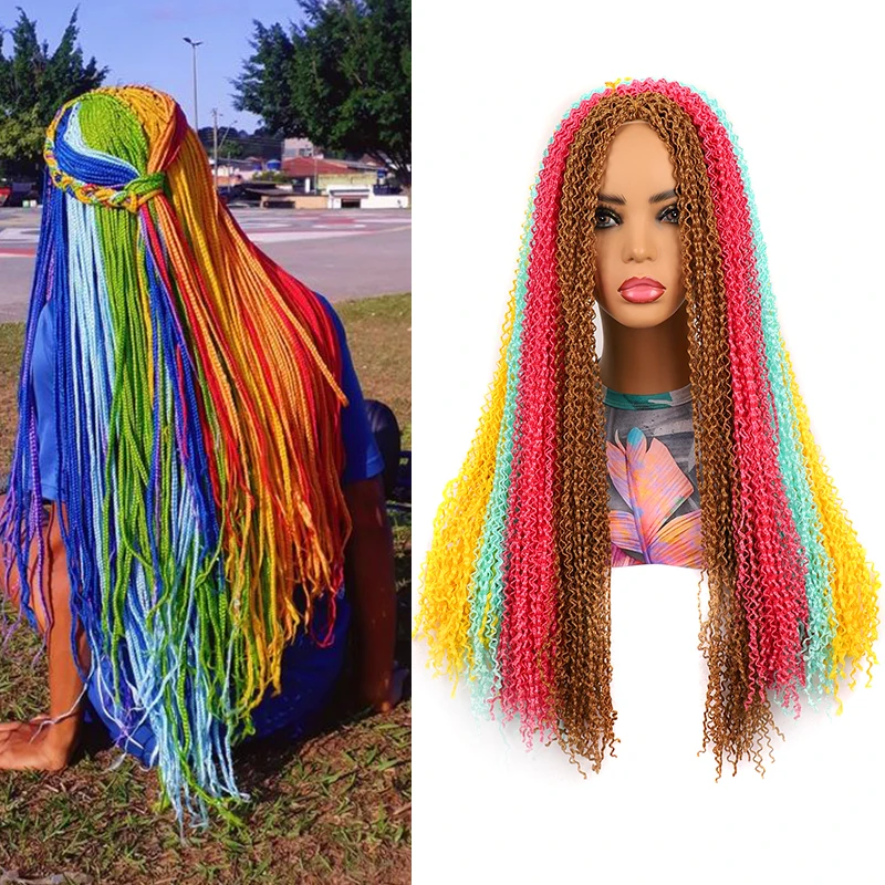 

28inch Curl Zizi Box Braids Hair Extension Synthetic Crochet Braids Hook Braid Hair Colored Green Pink Blue Fake Hair For Women