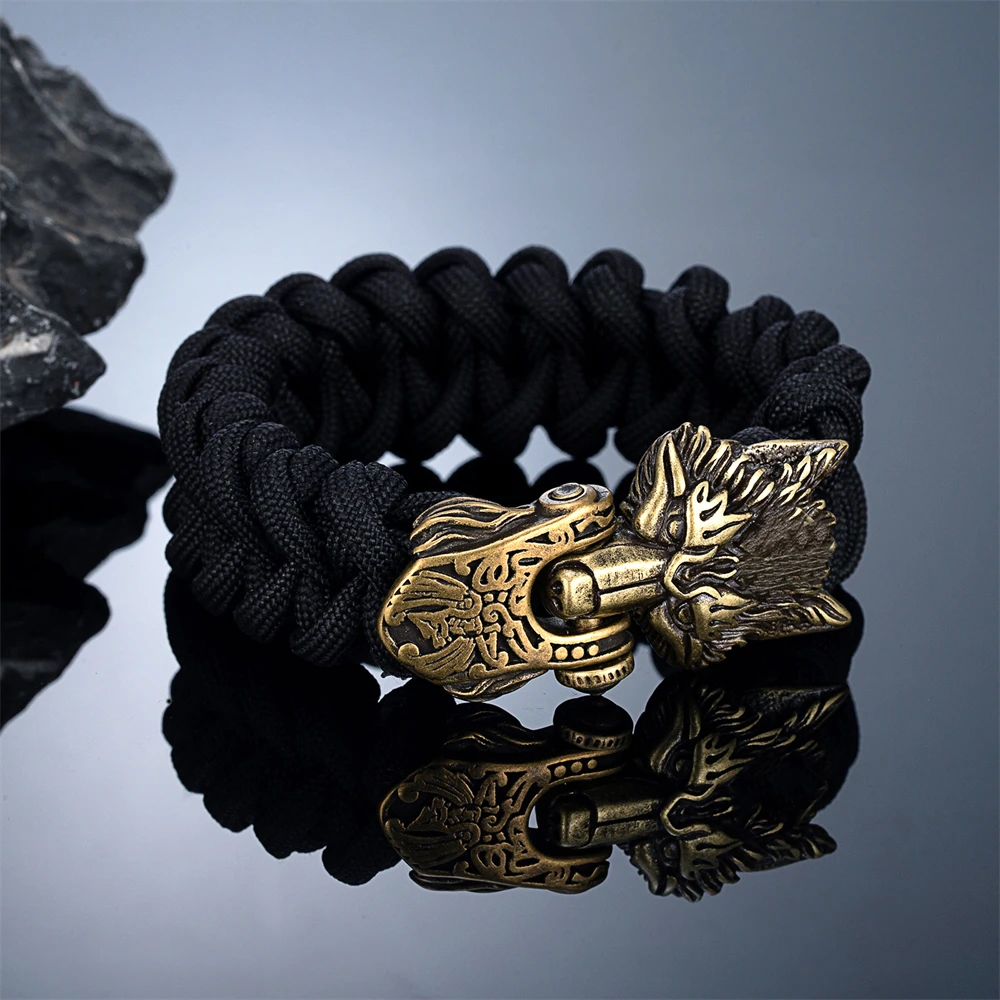 Vintage Vikings Wolf Survival Rope Bracelet for Men Bronze Stainless Steel Clasp​ Charm Norse Runes Handmade Male Women Jewelry