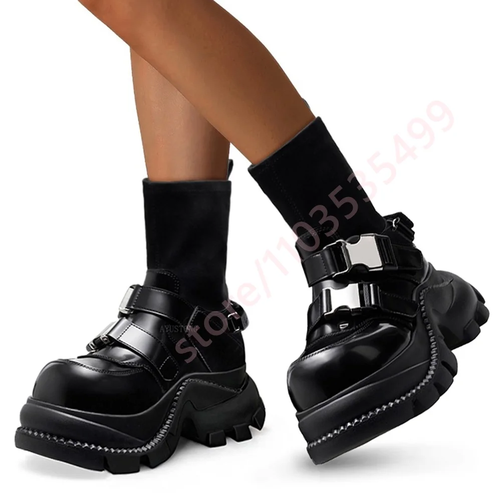 

Black British Style Belt Buckle Motorcycle Boots 2025 New Thick Sole Street Punk Rock Socks Boots Fashion Sports Casual Boots