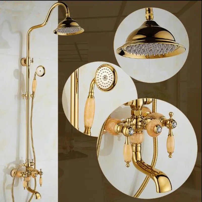 

Bathtub And Shower Faucet Brass and Jade Golden Bath Shower Set Wall Mounted 8" Rain Shower tap & Handshower Faucet Set for Bath