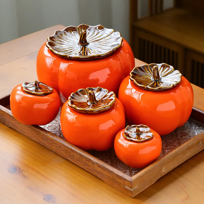 Ceramic simulation persimmon sealed jar, home decoration accessories tea jar, cosmetics, dried fruits, and dry goods storage