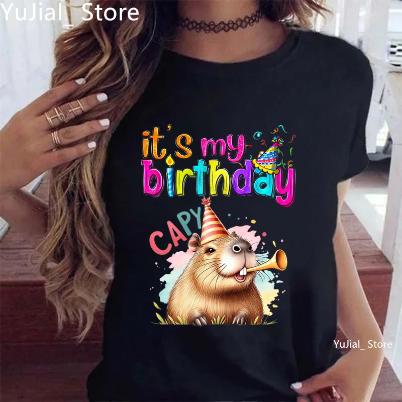 

Colorful It'S My Birthday Capybara Graphic Printed Tshirt Girls Birthday Gift Party Funny T Shirt Women White/Black/Pink T-Shirt