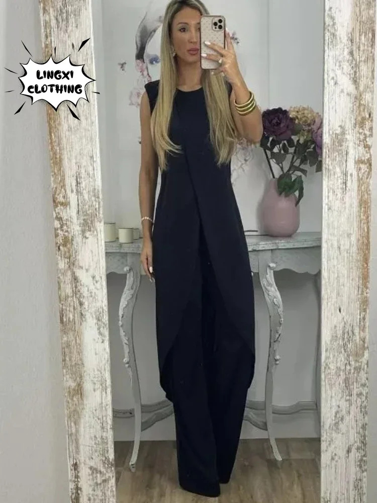 2024 Summer New Women\'s Plus Size Set Loose Large Elegant Round Neck Sleeveless Robe High Waist Wide Leg Pants Two Piece Set