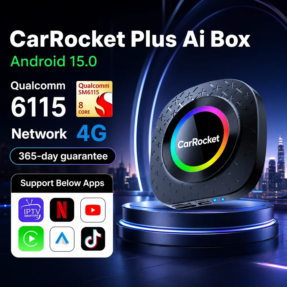 CarRocket CarPlay Ai Box Android 15: Беспроводной CarPlay и Android Auto, Plug&Play, встроенный GPS, 4G-сеть для автомобилей с проводным CarPlay