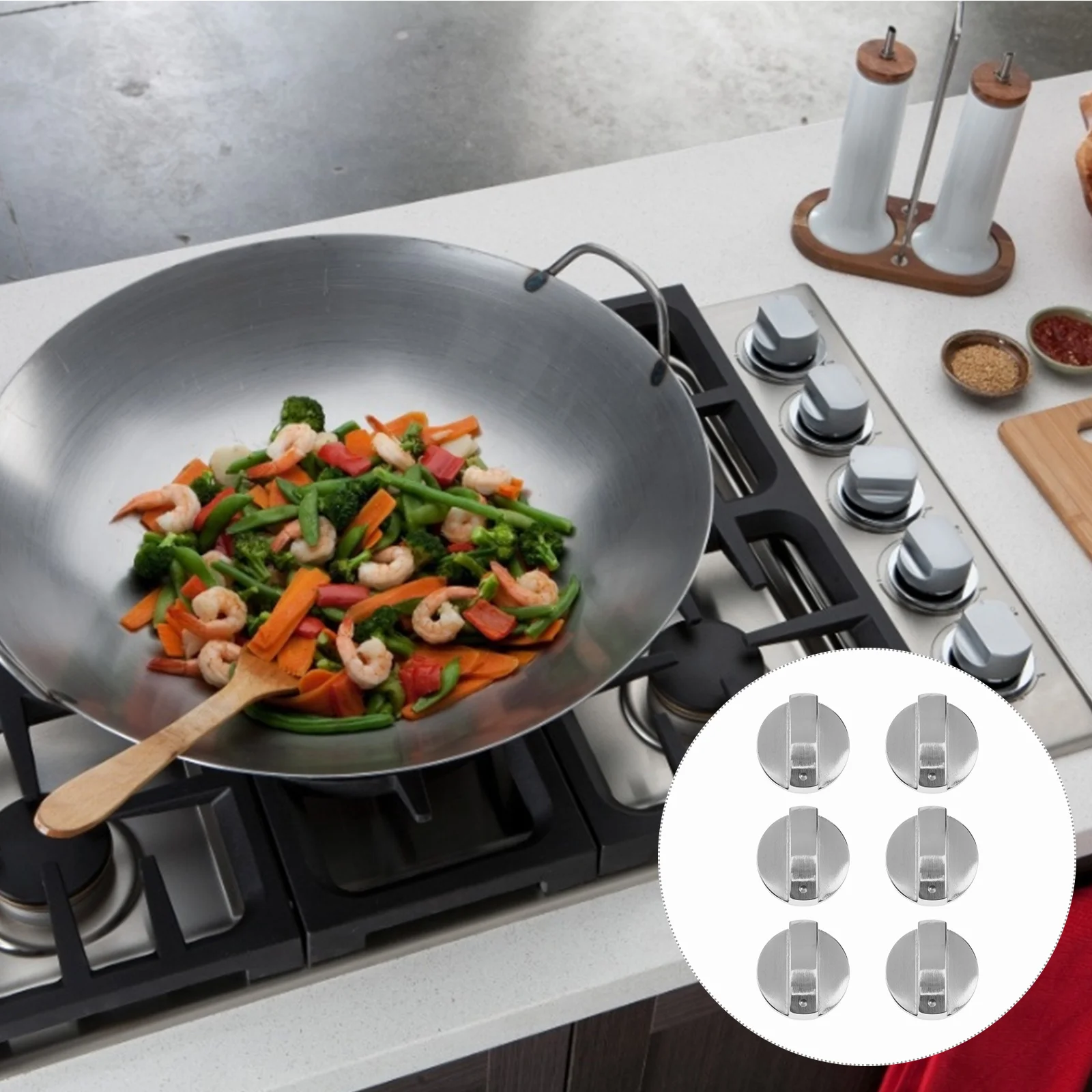 

6pcs Zinc Alloy Gas Stove Knob 6Mm Shaft Diameter Round Metal Burner Control Knob For Universal Cooktop Silver Kitchen
