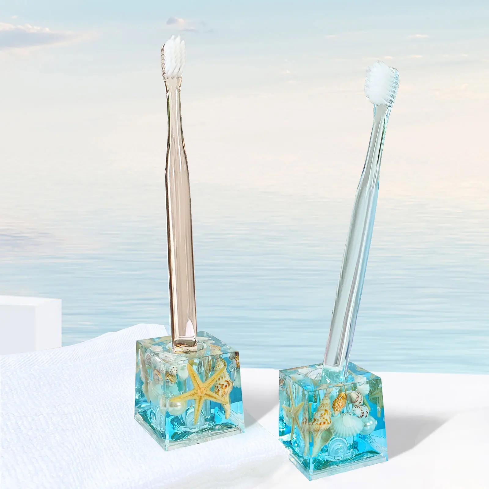 THEYUFA Mini Couple Toothbrush Nature Seashell Seascape Razor for Bathroom Vanity Countertops Office Gifts Home Decoration,Squre