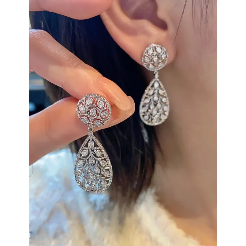 27style Luxury 925 Sterling Silver Full Lab Diamond Leaf Dangle Earrings for Women Wedding Fine Jewelry Accessories Elegant Gift