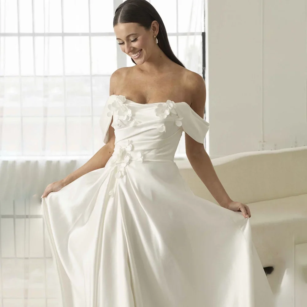 Customized  Romantic Satin A-line Wedding Dress Off The Shoulder Sweetheart Neckline with 3D Floral Applique and Ruched Detail