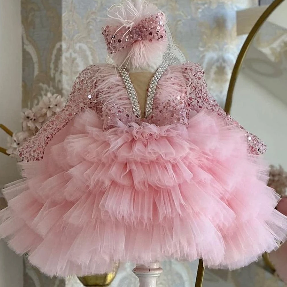 Pink V Neck Flower Girls Dresses for Kids Full Sleeve Real Picture Christmas Gowns with Sequined Tiered 2024 فلور فتاة اللباس