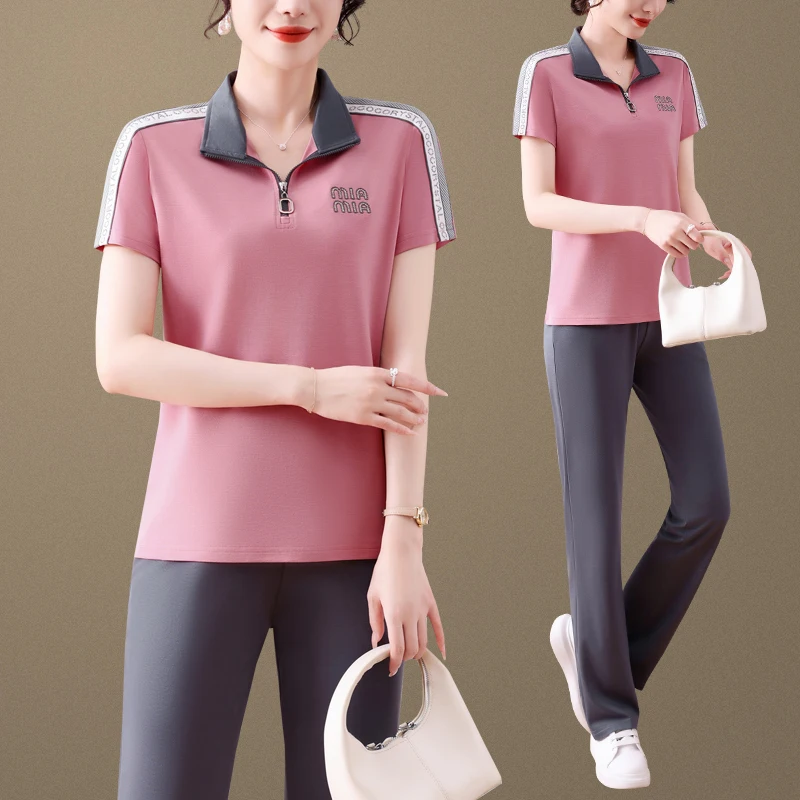 

Casual Sportswear Set for Middle-Aged Women Summer Faion ort Sve T-irt Two-Piece Set Large Size Loose Fit Lightweight