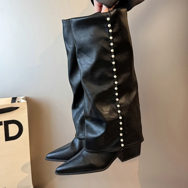 

Design Brand New Wasteland Style Vintage Y2k Detachable Knee High Boots Barrel Maillard Trouser Leg Boot Women Black Shoes
