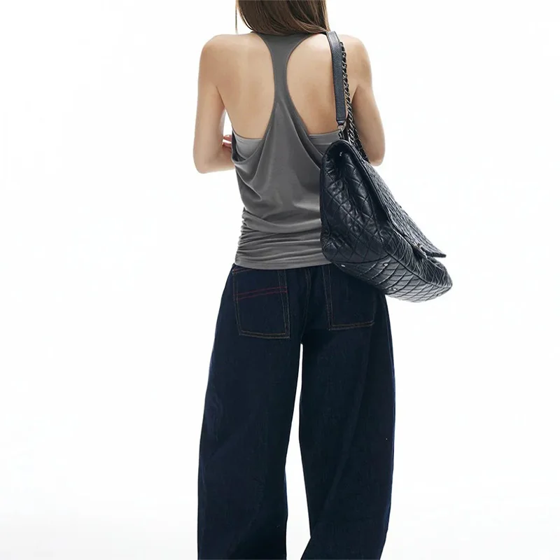 2026 Summer Women Y2K Grunge Streetwear Casual Fake Two Piece Ruched Side Slim Fit U Neck Racerback Sleeveless Tank Top