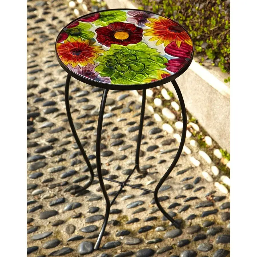 

OutdoorSafe Round Summer Splash Glass and Metal Side Table 12 L x 12 W x 22 Indoor Outdoor Side Tables for Your Patio, Lawn, Gar