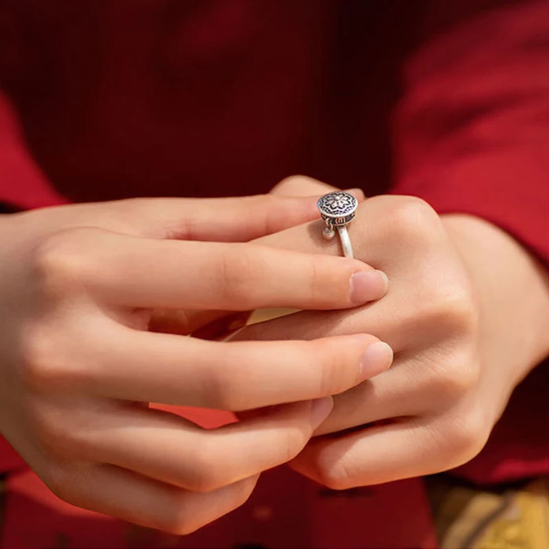 Buddhist Tibetan Prayer Wheel Ring Good Luck Chakras Ring Lotus Floral Ring Open Adjustable Rotating Rings Gifts