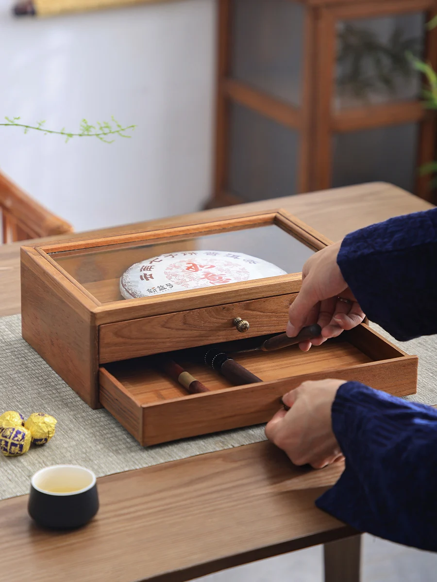 Solid wood Pu'er tea box, multi-layer tea storage box, tea cake box, teak drawer style et accessories