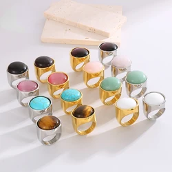 23mm Stainless Steel Charm Natural Stone Rings for Women Trendy Vintage Rings Wedding Party Jewelry Gifts