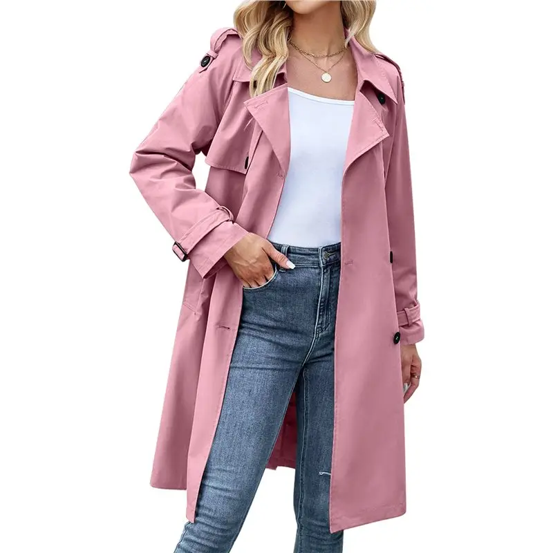 

A24F-Женское двубортное длинное пальто-тренч с классическим воротником, ветрозащитное, приталенное, с поясом