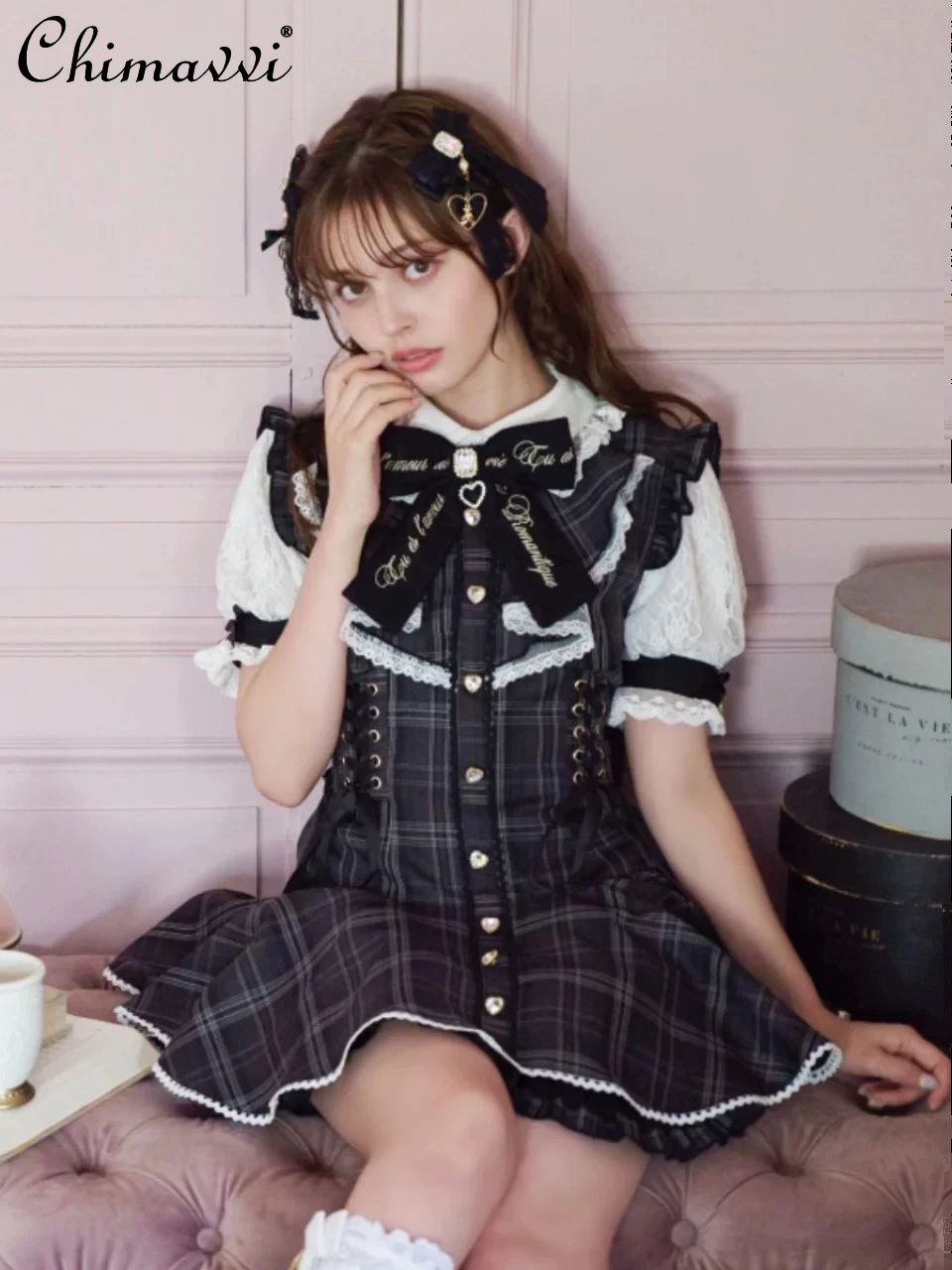 女の子のためのロリータリボンセット,レースの半袖ドレス,ショーツ,カワイイ衣装,ダイヤモンドバックル,日本,大量生産,甘い