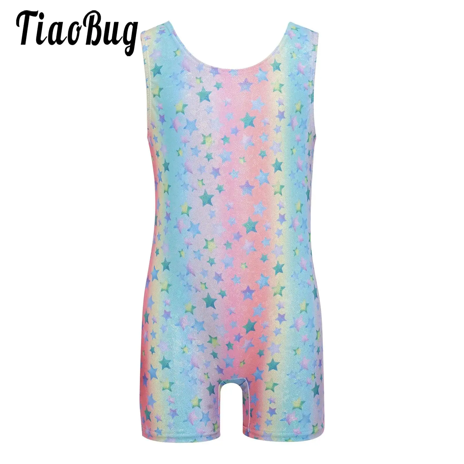 

Kids Girls Stylish Print Gymnastics Dance Leotard Bodysuit Sleeveless Thigh Length Jumpsuit for Practice Performance Competition