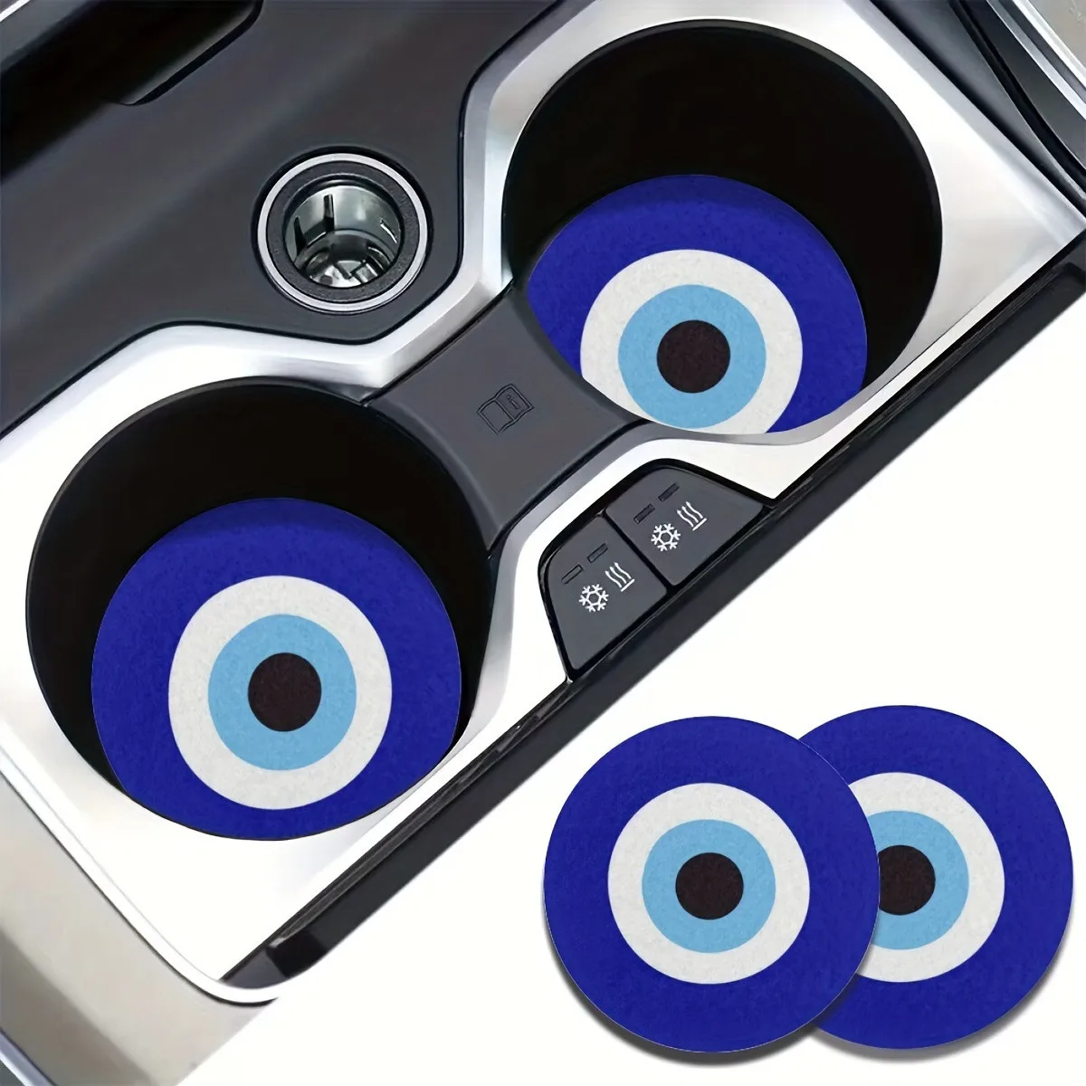 Pack of Blue Evil Eye Car Coasters, Quick-Absorbing Diatomaceous Earth Technology Cloth, Plastic Non-Slip Mat, Car Interior Decoration Accessories