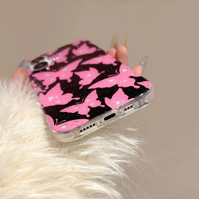 Glitter Pink Butterfly Totem Shiny Girl Phone Case For IPhone 16 15 14 13 Pro Max Case Cute Luxury Cartoon Shockproof Soft Cover