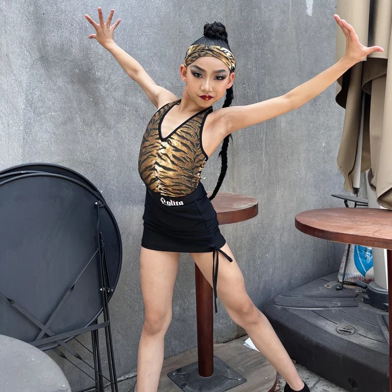 

Черная юбка с леопардовым принтом по индивидуальному заказу, одежда для выступлений, платье для латинских тренировок, бальное платье для девочек, стандартная юбка для латинских танцев