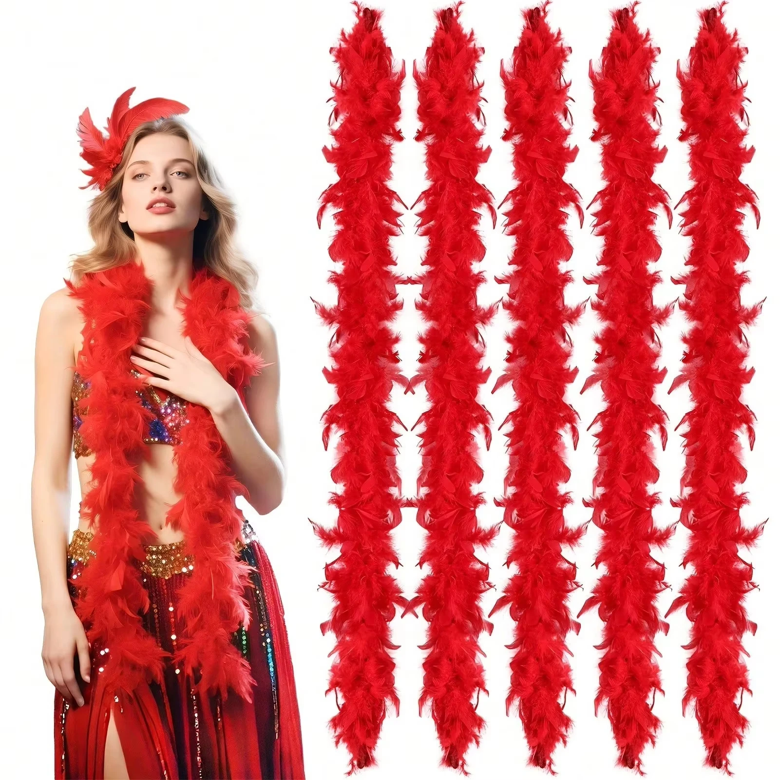 

Red Marabou Feather Boa Trim Fluffy 2 Yards 10Pcs 40-90g for Wedding Dress Costume Party Decor Shawl Clothing Sewing Accessories