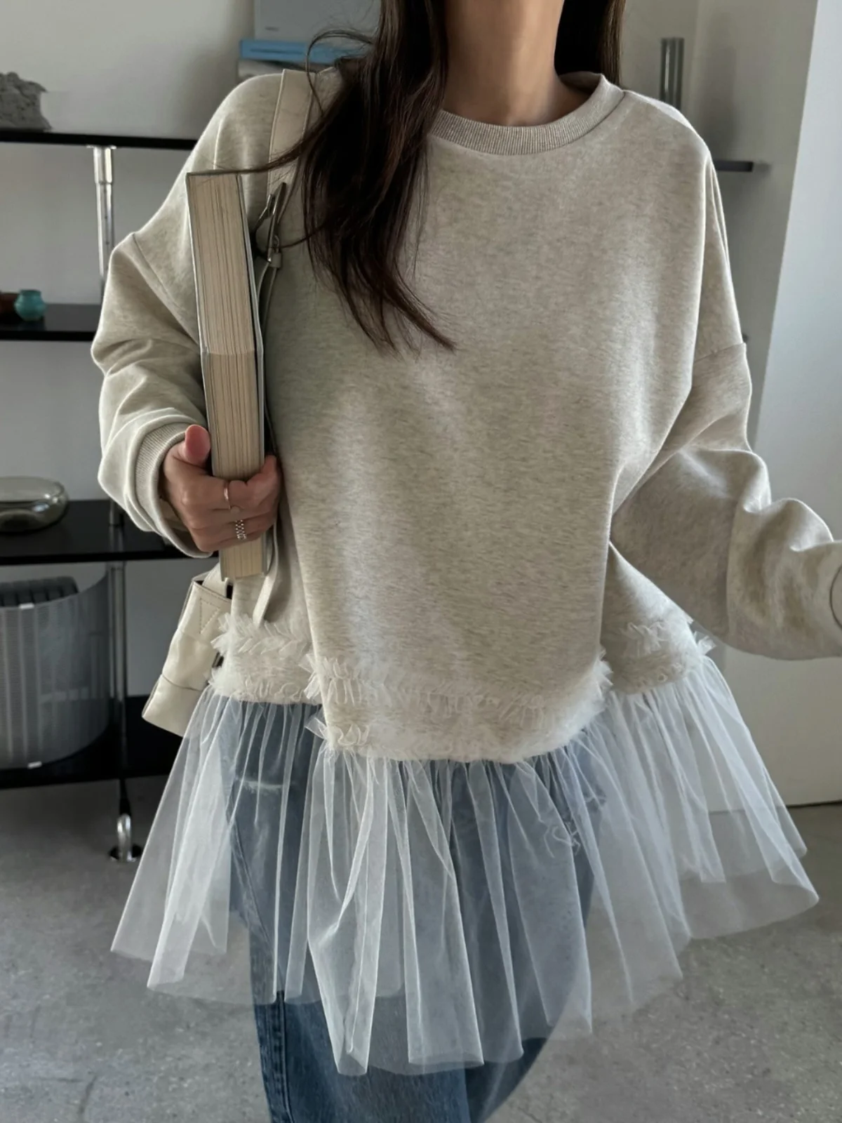 Primavera em torno do pescoço emenda malha mole f solto moda versátil jovem topo estilo coreano manga longa cor sólida