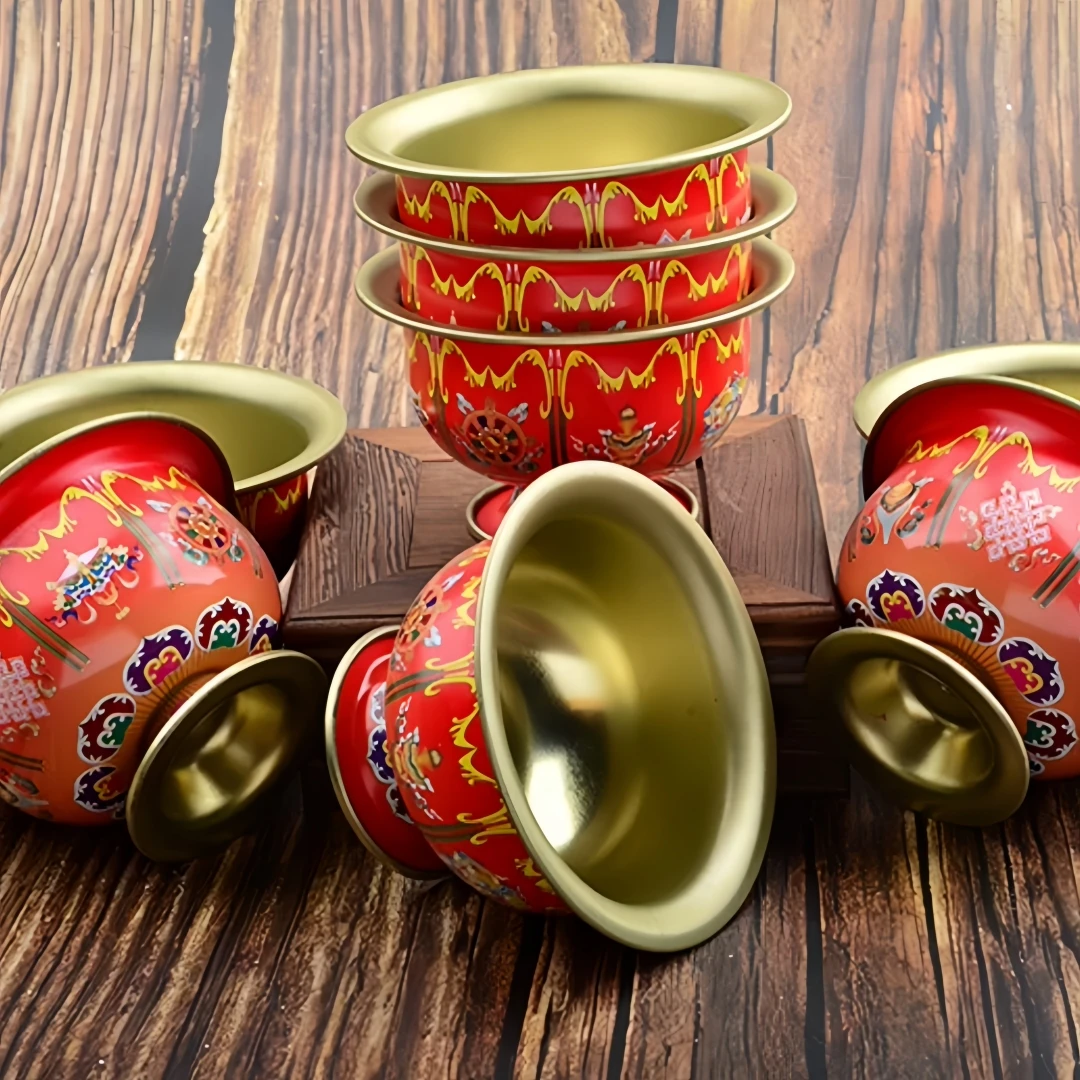 8pcs Tibetan Red Offering Bowls, Nepal Painted Metal Water Cups for Buddhist Altar, Eight Auspicious Symbols Decor