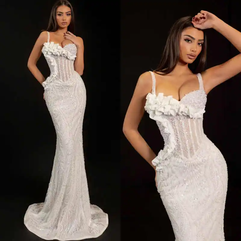 

Stunning Sequins Bridal Gowns Spaghetti Straps Sleeveless Mermaid Wedding Dresses Beaded Engagment Party Customized
