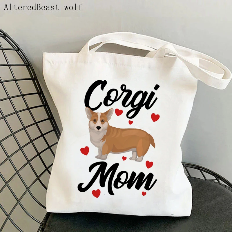 Bolso de compras de lona para mujer, bolsa Kawaii de perro Corgi, Harajuku, bolso de mano para chica, bolso de hombro