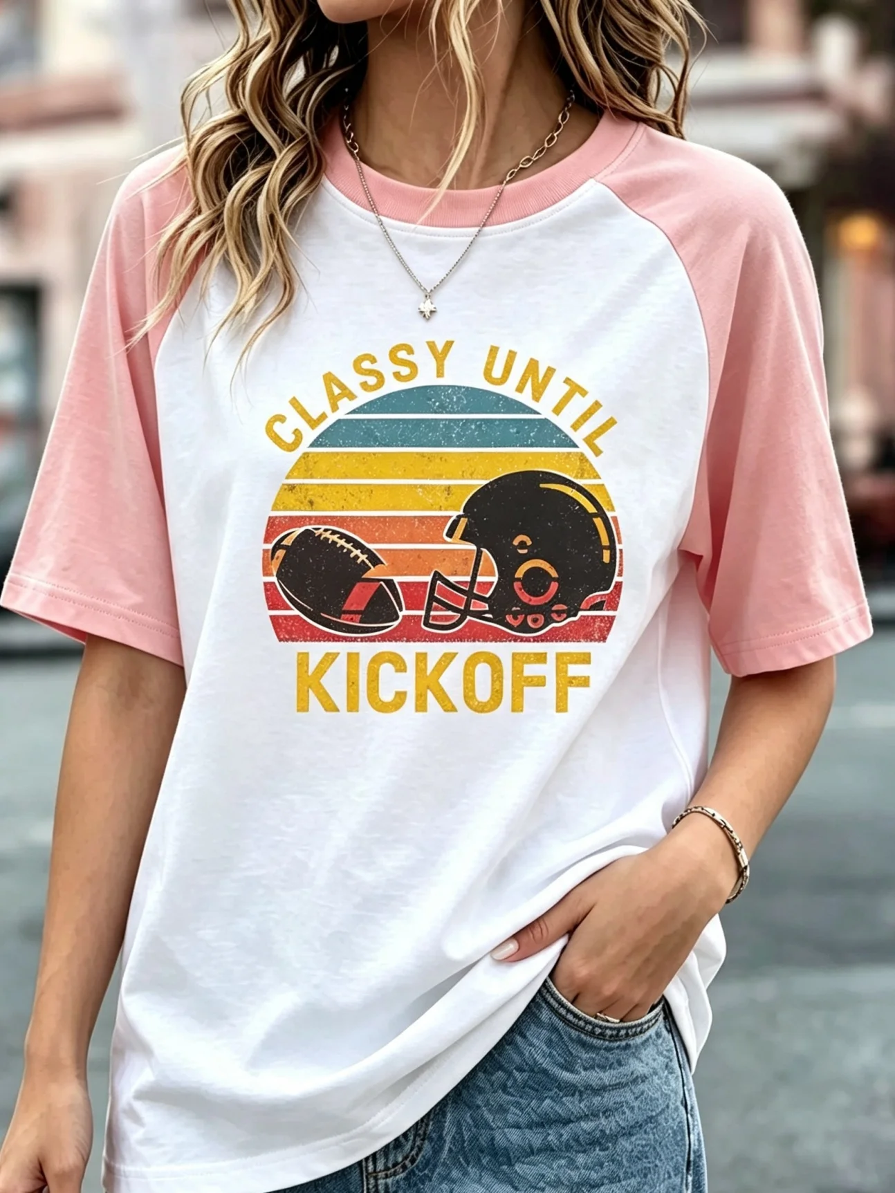 Classy Until Kickoff Vintage Football Sunset Graphic Raglan T Shirts, 4 Tone Contrast Sleeve Game Day Casual Tees for Women