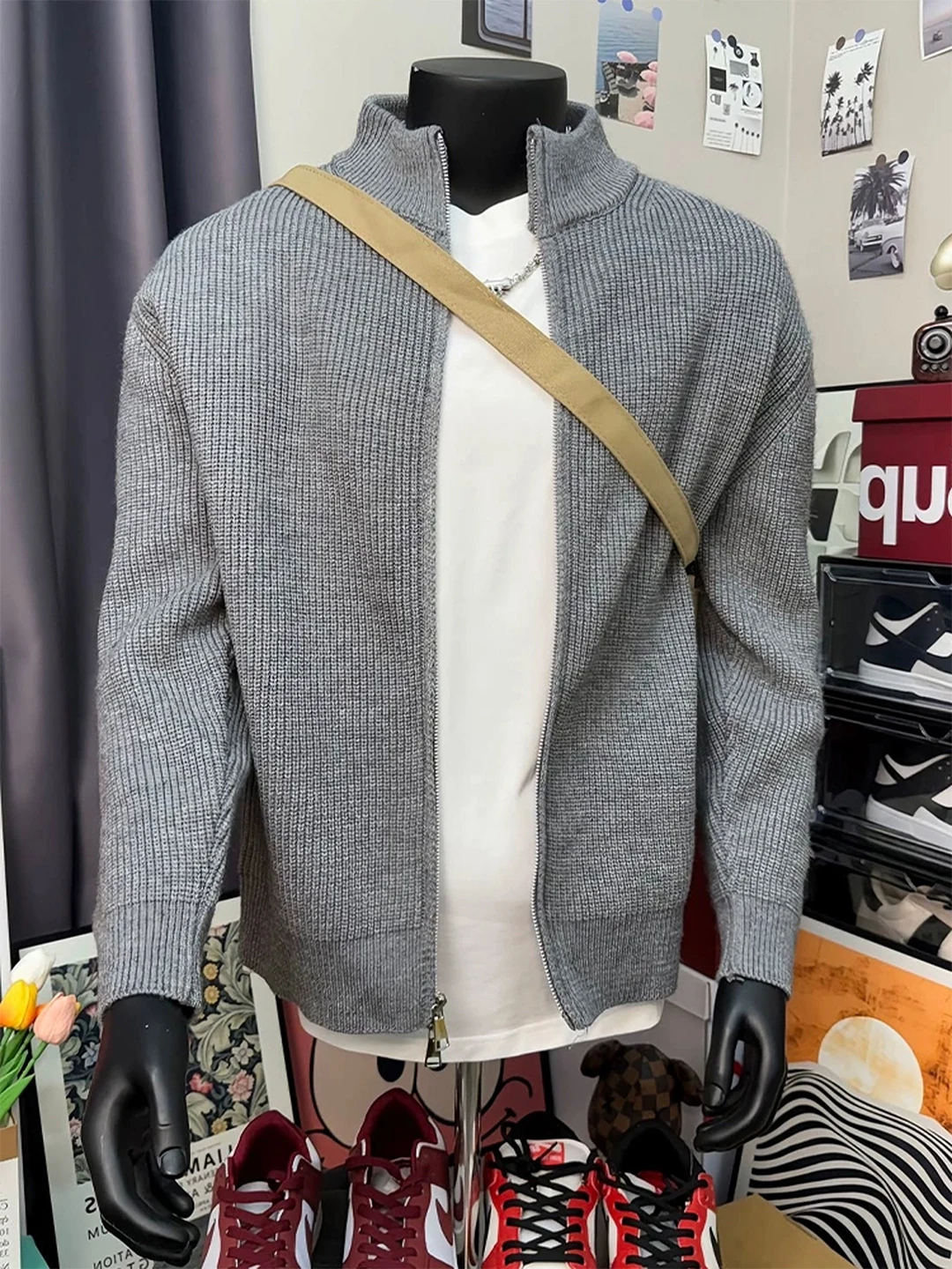 

ay Open Cardigan Sweater Jaet Men's Autumn Korean Lazy Sle f High Collar Knitted Cleanfit Stand Collar Jaet