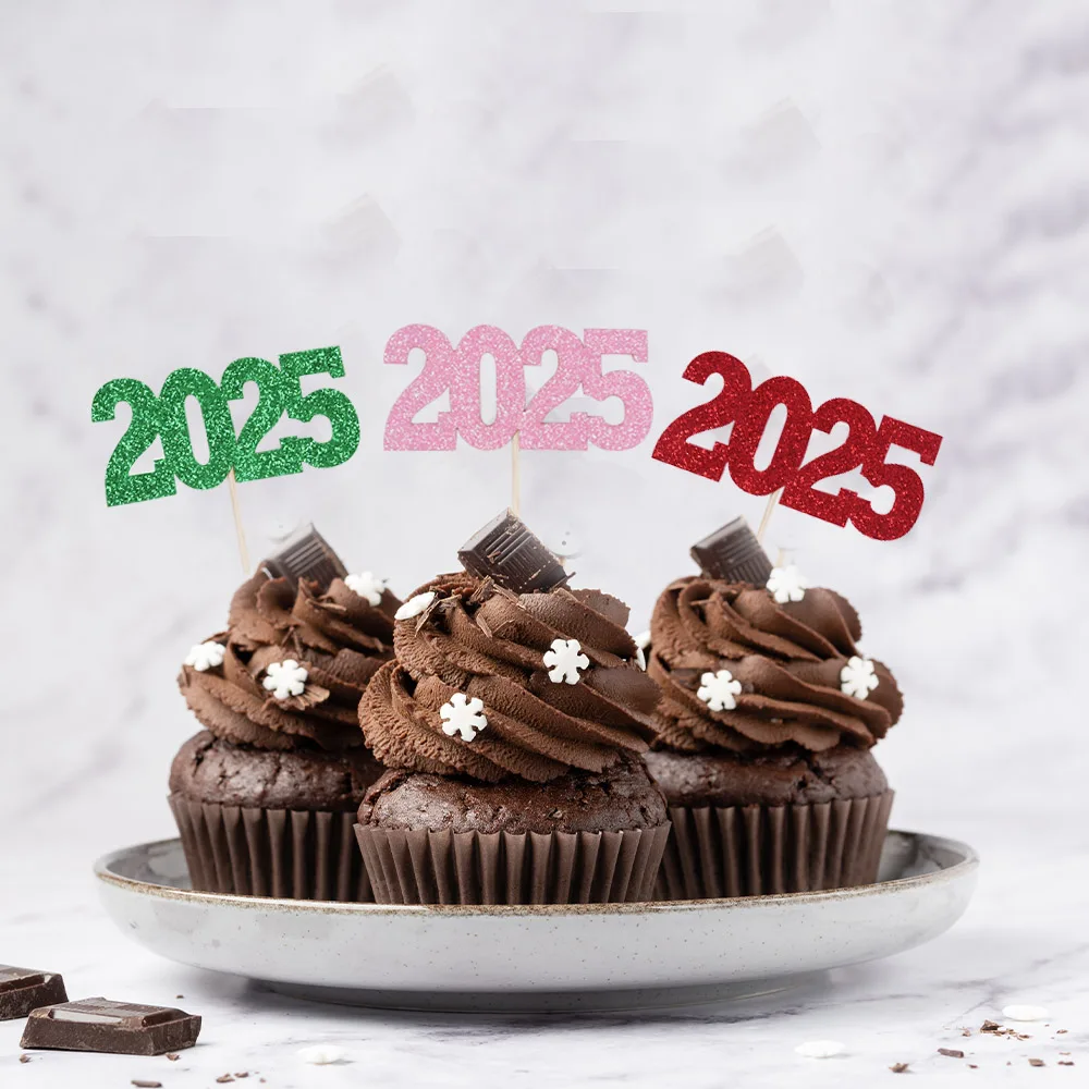 12pc Glitter 2025 Number Cupcake Toppers Happy New Year Party Cake Decoration Christmas Graduation Party Cake Toppers Home Items